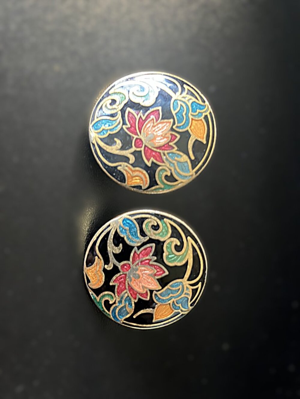 Vintage Cloisonné Enamel Round Dome Stud Earrings Lotus Flower Black Gold Boho - Picture 2 of 5